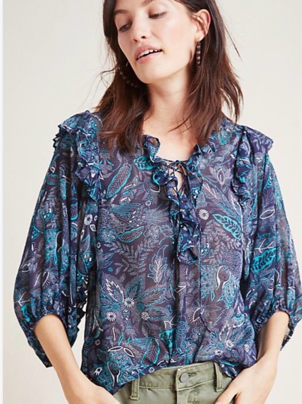 Anthropologie Navy & Teal Floral Ruffled Tie-Neck Blouse